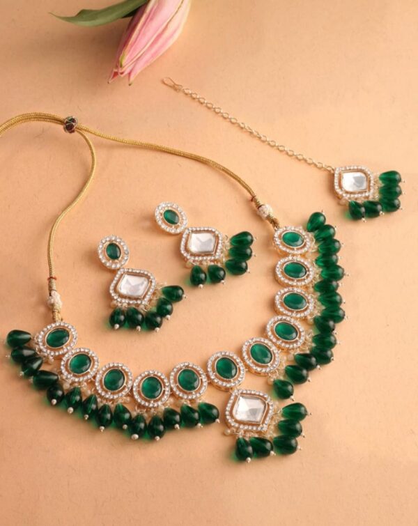 ZAVERI PEARLS Green Stones Beads Embellished Necklace Earring & Maangtikka Set For Women-ZPFK17305 (Shani 87) - Image 4