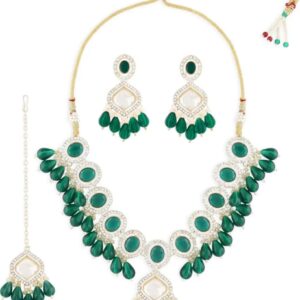 ZAVERI PEARLS Green Stones Beads Embellished Necklace Earring & Maangtikka Set For Women-ZPFK17305 (Shani 87)