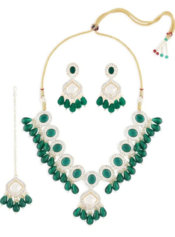 ZAVERI PEARLS Green Stones Beads Embellished Necklace Earring & Maangtikka Set For Women-ZPFK17305 (Shani 87)