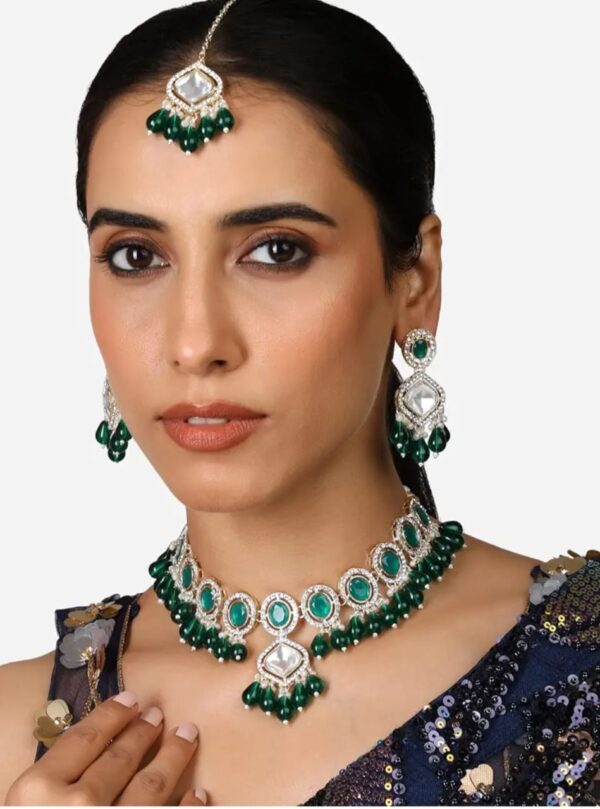 ZAVERI PEARLS Green Stones Beads Embellished Necklace Earring & Maangtikka Set For Women-ZPFK17305 (Shani 87) - Image 3