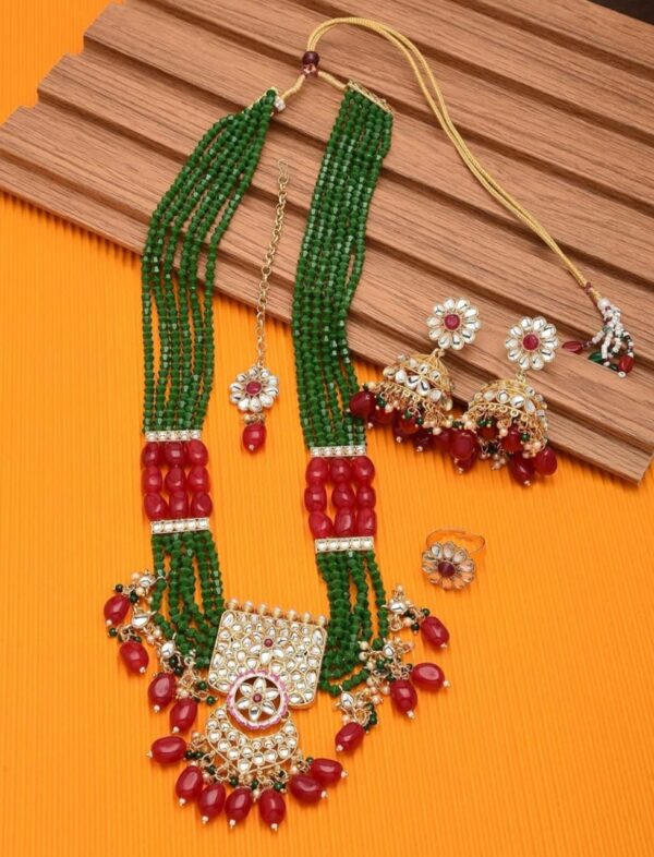 ZAVERI PEARLS Green Maroon Multistrand Necklace Earring Maangtikka & Ring Set For Women-ZPFK11455 ( Shani 89) - Image 4