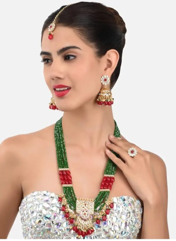 ZAVERI PEARLS Green Maroon Multistrand Necklace Earring Maangtikka & Ring Set For Women-ZPFK11455 ( Shani 89) - Image 3