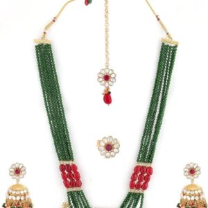 ZAVERI PEARLS Green Maroon Multistrand Necklace Earring Maangtikka & Ring Set For Women-ZPFK11455 ( Shani 89)