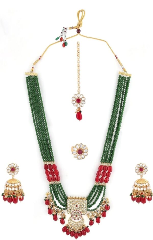 ZAVERI PEARLS Green Maroon Multistrand Necklace Earring Maangtikka & Ring Set For Women-ZPFK11455 ( Shani 89)