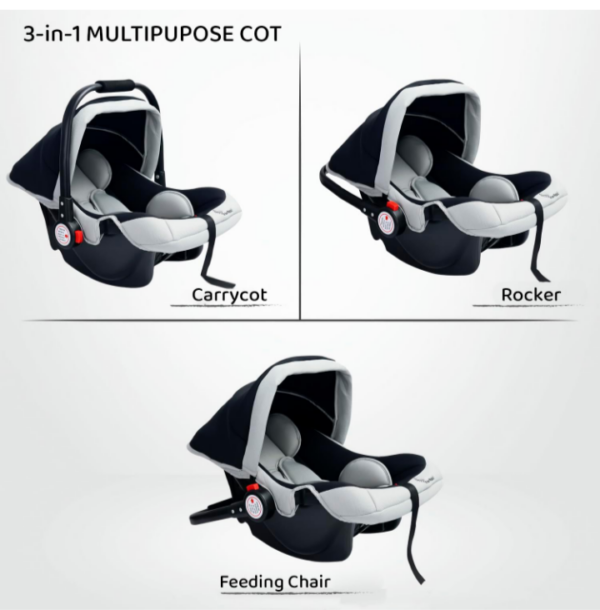 R for Rabbit Baby Cozy Carry Cot with 3 in 1 Multi-Purpose Baby Rocker & seat| 3 Point Safety Harness for New Born Babies of 0 to 15 Months(Black Grey). (10193)(10192) - Image 2