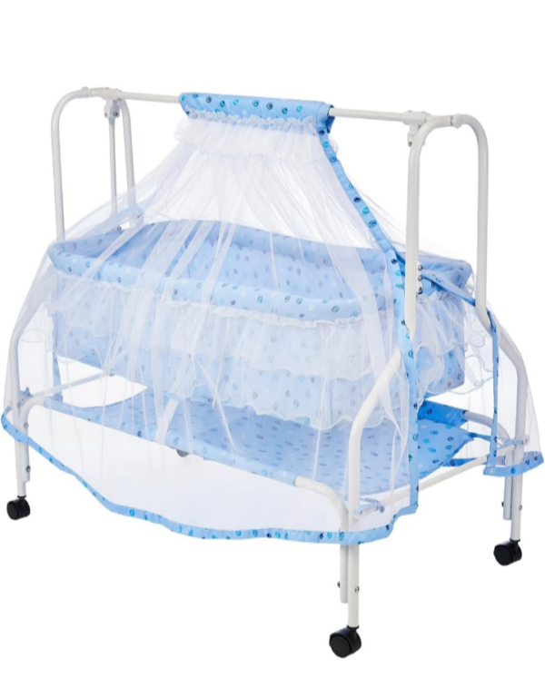 Amazon Brand - Supples Baby Cradle with Swing & Mosquito Net | for 0-8 Month Babies | Four Wheels with Brake | with Swing Lock & Storage | Sturdy & Safe | Polypropylene/Mild Steel | Blue(10189) - Image 2