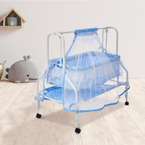 Amazon Brand - Supples Baby Cradle with Swing & Mosquito Net | for 0-8 Month Babies | Four Wheels with Brake | with Swing Lock & Storage | Sturdy & Safe | Polypropylene/Mild Steel | Blue(10189)