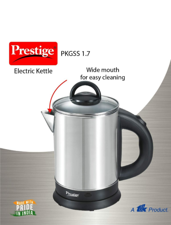 Prestige 1.7 Litres Electric Kettle(PKGSS 1.7)|1350 Watts |Silver and Black | 1.7 Litres | Stainless Steel| Automatic Cut-off | Wide Mouth | Power Indicator | Single-Touch Lid Locking  (MIRON DENT)(p)(R 199)(V Minor body damege) - Image 2