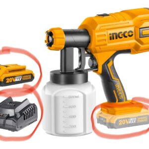 INGCO Cordless Spray Gun, 20V Lithium-Ion Paint Sprayer, 800ml | 600 Ml/min | 40DIN-s Paint Machine with 1pcs 2.0Ah Battery Pack, 1* Fast Charger, Electric Spray Gun for Wall, Ceiling, Fencing (Battery not included) N.9969(v)