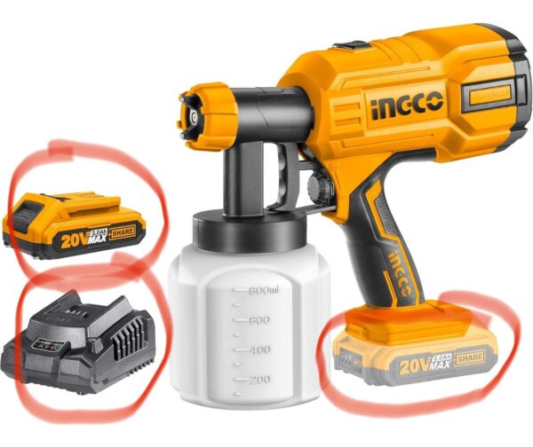 INGCO Cordless Spray Gun, 20V Lithium-Ion Paint Sprayer, 800ml | 600 Ml/min | 40DIN-s Paint Machine with 1pcs 2.0Ah Battery Pack, 1* Fast Charger, Electric Spray Gun for Wall, Ceiling, Fencing (Battery not included) N.9969(v)