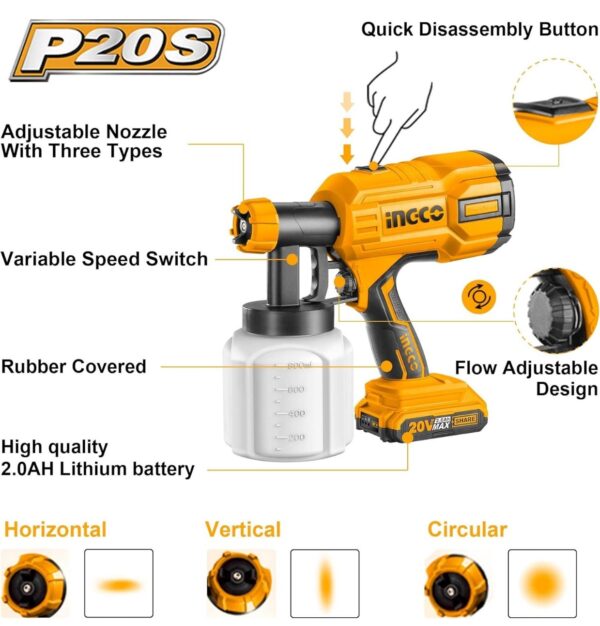 INGCO Cordless Spray Gun, 20V Lithium-Ion Paint Sprayer, 800ml | 600 Ml/min | 40DIN-s Paint Machine with 1pcs 2.0Ah Battery Pack, 1* Fast Charger, Electric Spray Gun for Wall, Ceiling, Fencing (Battery not included) N.9969(v) - Image 3