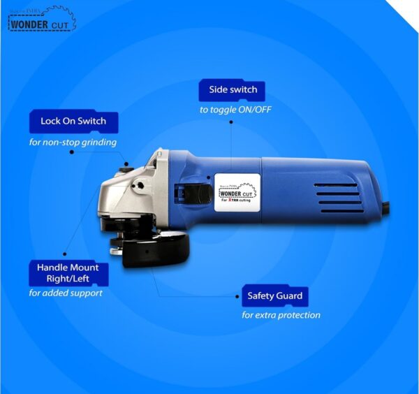 WONDERCUT WC-AG-6-100 Angle Grinder, 800W, 4 Inch (100mm), 11000 RPM, 3-Position Auxiliary Handle for Grinding, Cutting, Stripping & Polishing, with Protective Guard and Side Switch N.9934(v) - Image 2