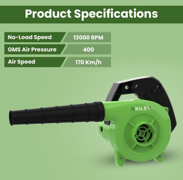 ORILEY 500W Electric Air Blower Garden Leaf Dust Cleaner 13000 RPM Suction 400GMS Airfoil Dirt Cleaning 170km/h Airflow with Unbreakable Body & Glossy Finish for Snow (Green)N.9982(v) - Image 2