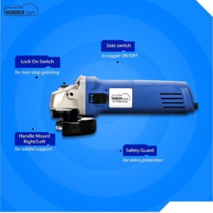 WONDERCUT WC-AG-6-100 Angle Grinder, 800W, 4 Inch (100mm), 11000 RPM, 3-Position Auxiliary Handle for Grinding, Cutting, Stripping & Polishing, with Protective Guard and Side Switch N.10077(V)