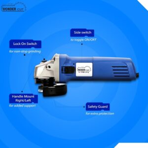 WONDERCUT WC-AG-6-100 Angle Grinder, 800W, 4 Inch (100mm), 11000 RPM, 3-Position Auxiliary Handle for Grinding, Cutting, Stripping & Polishing, with Protective Guard and Side Switch N.9984(V)