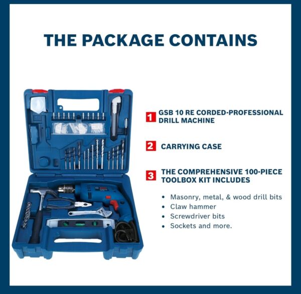 BOSCH Professional GSB 500 RE Corded-Electric Drill Tool Set | 500 W Motor | 100-piece Tools Box Kit | Speed Range upto 2600 RPM | Impact Rate upto 41600 BPM | Chuck Capacity of 10 mm | 1 Yr Warranty N.10016(v) - Image 2