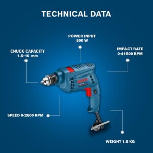 BOSCH Professional GSB 500 RE Corded-Electric Drill Tool Set | 500 W Motor | 100-piece Tools Box Kit | Speed Range upto 2600 RPM | Impact Rate upto 41600 BPM | Chuck Capacity of 10 mm | 1 Yr Warranty N.10016(v)