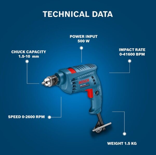 BOSCH GSB 10 RE Corded-Electric Tool Kit | 100-piece Tools Box Kit | Power Supply 500W | Impact Drill Machine | Impact Rate upto 41600 BPM | Speed upto 2600 RPM | 1 Yr Warranty N.10015(v)