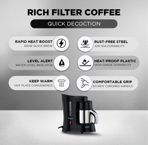 Preethi Cafe Zest Drip Coffee Maker| 450W Coffee Machine for Home | 500ml Capacity | Black (CM 210)N.10708(V) - Image 2