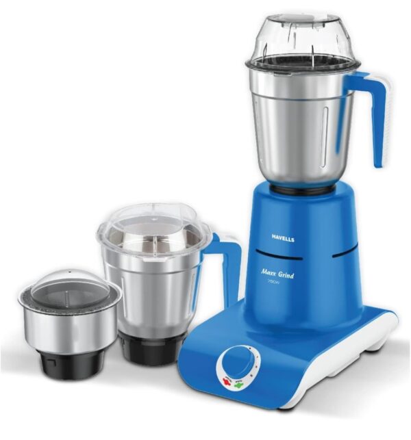 Havells Maxx Grind 750 watt Mixer Grinder with 3 Wider Mouth Stainless Steel Jar, Hands Free Operation, SS-304 Grade Blade, Overload Indicator & 5 Year Motor Warranty (Blue).N.10732(V) - Image 3