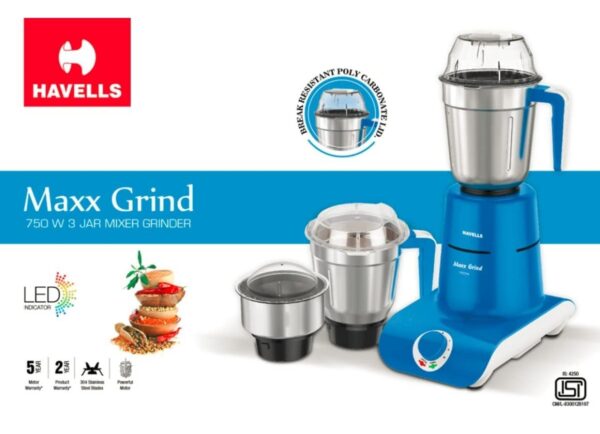 Havells Maxx Grind 750 watt Mixer Grinder with 3 Wider Mouth Stainless Steel Jar, Hands Free Operation, SS-304 Grade Blade, Overload Indicator & 5 Year Motor Warranty (Blue).N.10732(V)