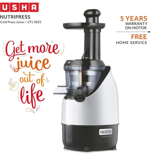 USHA Cpj 382S Nutripress Cold Press Juicer with Full Mouth Feeding Tube, 200 Watt (Black & White), 200 Watt (Looking Used)(V)N.10720 - Image 2