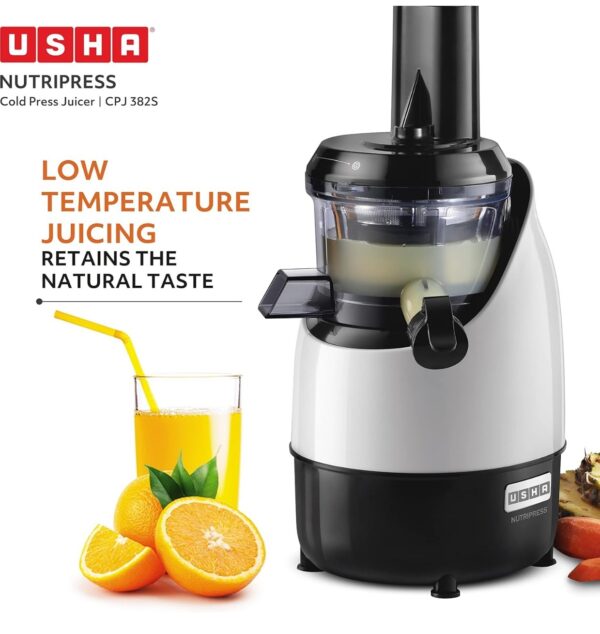 USHA Cpj 382S Nutripress Cold Press Juicer with Full Mouth Feeding Tube, 200 Watt (Black & White), 200 Watt (Looking Used)(V)N.10720