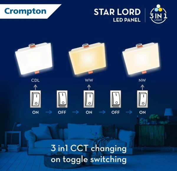 Crompton Star Lord 3IN1 | Recessed Downlighter | 5W | Square | 3IN1 Mood Lighting | Multi-colour | Pack of 1 | False Ceiling mounted | BIS Safe Wire N.8413(v) - Image 3