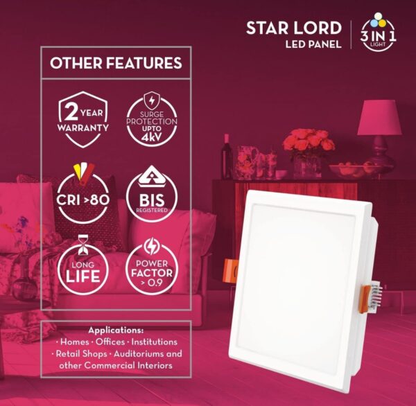 Crompton Star Lord 3IN1 | Recessed Downlighter | 5W | Square | 3IN1 Mood Lighting | Multi-colour | Pack of 1 | False Ceiling mounted | BIS Safe Wire N.8413(v) - Image 2