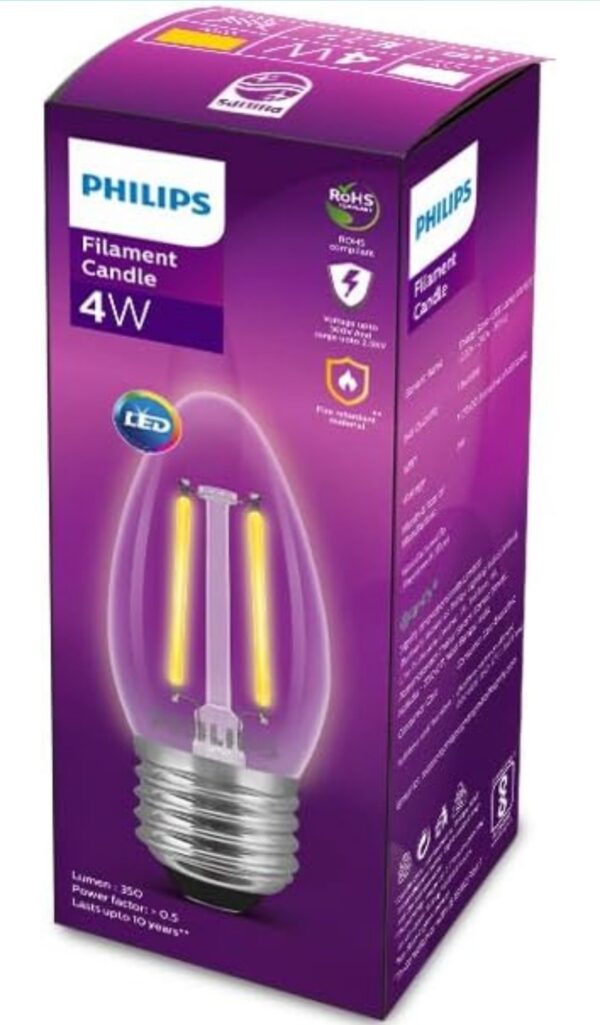 PHILIPS 4-watt Filament Candle LED Bulb | Clear Candle Bulb for Home & Decoration | Bulb Base: E27, Warm White | Pack of 5 N.438(V) - Image 2