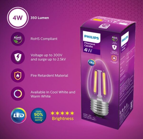 PHILIPS 4-watt Filament Candle LED Bulb | Clear Candle Bulb for Home & Decoration | Bulb Base: E27, Warm White | Pack of 5 N.438(V) - Image 3