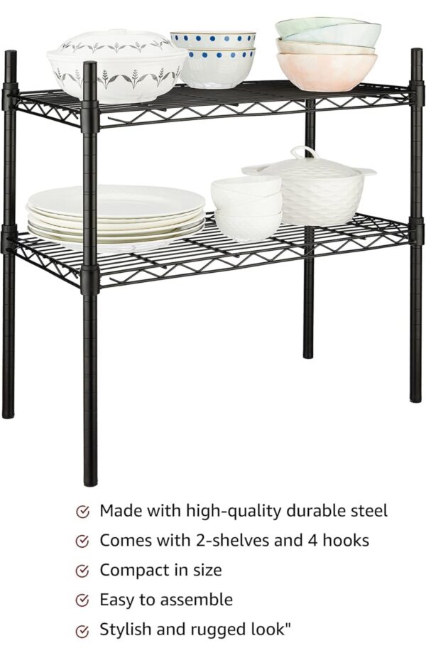 amazon basics Height Adjustable Heavy-Duty Rack, 2 Shelves (Black), Metal, Floor Mount, Tiered Shelf N.7006 (V) - Image 3