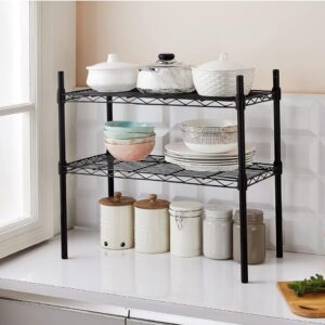 amazon basics Height Adjustable Heavy-Duty Rack, 2 Shelves (Black), Metal, Floor Mount, Tiered Shelf N.7006 (V)