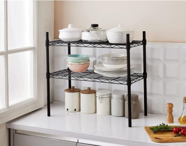 amazon basics Height Adjustable Heavy-Duty Rack, 2 Shelves (Black), Metal, Floor Mount, Tiered Shelf N.7006 (V)