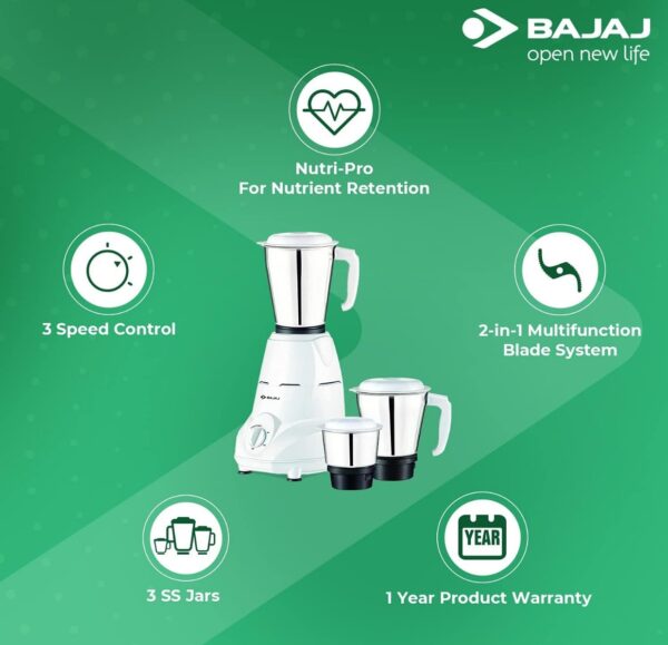 Bajaj Rex 500W Mixer Grinder with Nutri-Pro Feature, 3 Jars, White (2 piece Cap broken)N.6662(v) - Image 2