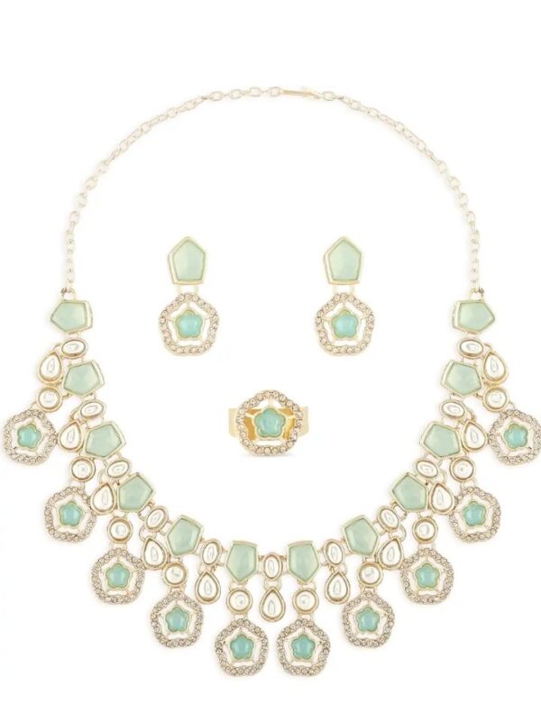 ZAVERI PEARLS Mint Green Kundan Austrian Diamonds & Artificial Stones Embellished Necklace Earring & Ring Set For Women-ZPFK17098
(10503,4,5,6,) shani - Image 2