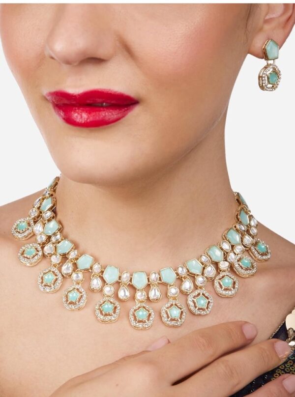ZAVERI PEARLS Mint Green Kundan Austrian Diamonds & Artificial Stones Embellished Necklace Earring & Ring Set For Women-ZPFK17098
(10503,4,5,6,) shani - Image 4
