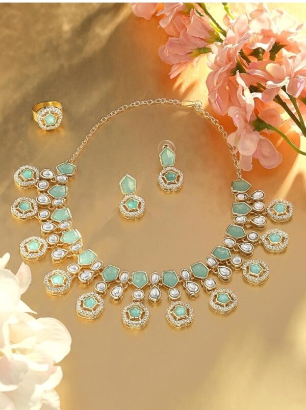 ZAVERI PEARLS Mint Green Kundan Austrian Diamonds & Artificial Stones Embellished Necklace Earring & Ring Set For Women-ZPFK17098
(10503,4,5,6,) shani - Image 5
