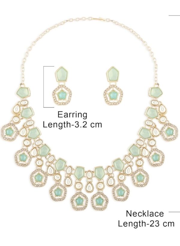 ZAVERI PEARLS Mint Green Kundan Austrian Diamonds & Artificial Stones Embellished Necklace Earring & Ring Set For Women-ZPFK17098
(10503,4,5,6,) shani