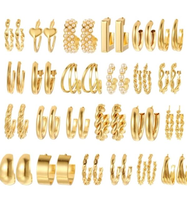 Shining Diva Fashion 24 pairs Combo Celebrity Inspired Trendy Latest Stylish Gold Plated Geometric Twist Pearl Hoop Dangle Earrings for Women and Girls
(10445-10446-10447-10448) shani