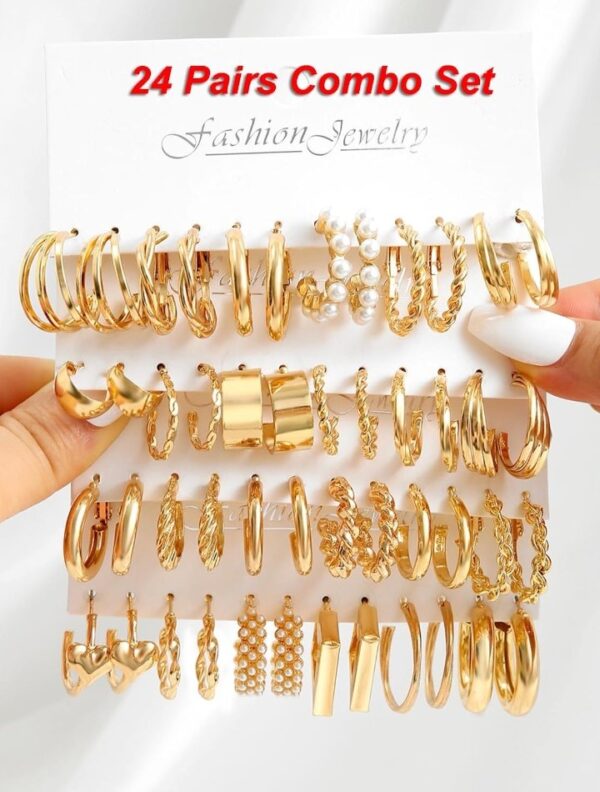 Shining Diva Fashion 24 pairs Combo Celebrity Inspired Trendy Latest Stylish Gold Plated Geometric Twist Pearl Hoop Dangle Earrings for Women and Girls
(10445-10446-10447-10448) shani - Image 8