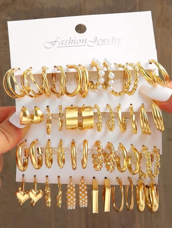 Shining Diva Fashion 24 pairs Combo Celebrity Inspired Trendy Latest Stylish Gold Plated Geometric Twist Pearl Hoop Dangle Earrings for Women and Girls
(10445-10446-10447-10448) shani - Image 7