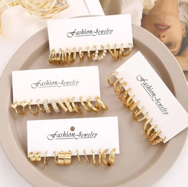 Shining Diva Fashion 24 pairs Combo Celebrity Inspired Trendy Latest Stylish Gold Plated Geometric Twist Pearl Hoop Dangle Earrings for Women and Girls
(10445-10446-10447-10448) shani - Image 4