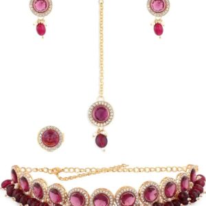 ZAVERI PEARLS Wine Color Stones & Cluster Beads Choker Necklace Earring Maangtikka & Ring Set For Women-ZPFK14598 (10435-10436) shani ( ONLY Gala ka he )
