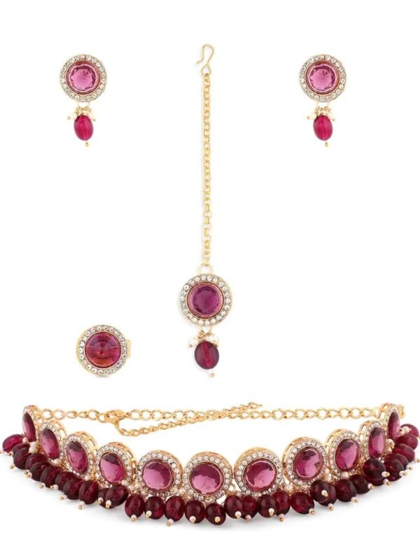 ZAVERI PEARLS Wine Color Stones & Cluster Beads Choker Necklace Earring Maangtikka & Ring Set For Women-ZPFK14598 (10435-10436) shani ( ONLY Gala ka he )
