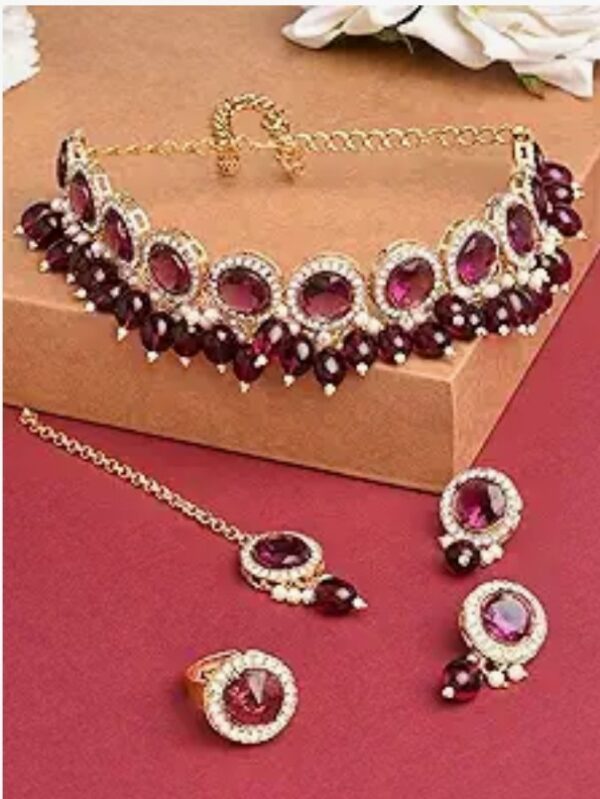 ZAVERI PEARLS Wine Color Stones & Cluster Beads Choker Necklace Earring Maangtikka & Ring Set For Women-ZPFK14598
(10432-10433-10434) SHANI - Image 3