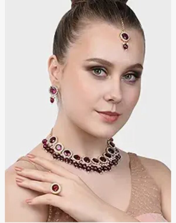 ZAVERI PEARLS Wine Color Stones & Cluster Beads Choker Necklace Earring Maangtikka & Ring Set For Women-ZPFK14598 (10435-10436) shani ( ONLY Gala ka he ) - Image 2