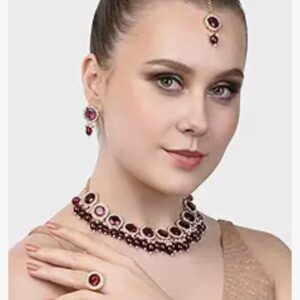 ZAVERI PEARLS Wine Color Stones & Cluster Beads Choker Necklace Earring Maangtikka & Ring Set For Women-ZPFK14598
(10432-10433-10434) SHANI