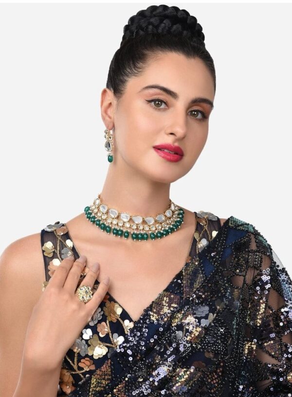 ZAVERI PEARLS Green Beads Statement Kundan Choker Necklace Earring & Ring Set For Women-ZPFK14814
(10472-10473-10474-10475-10476) SHANI - Image 4
