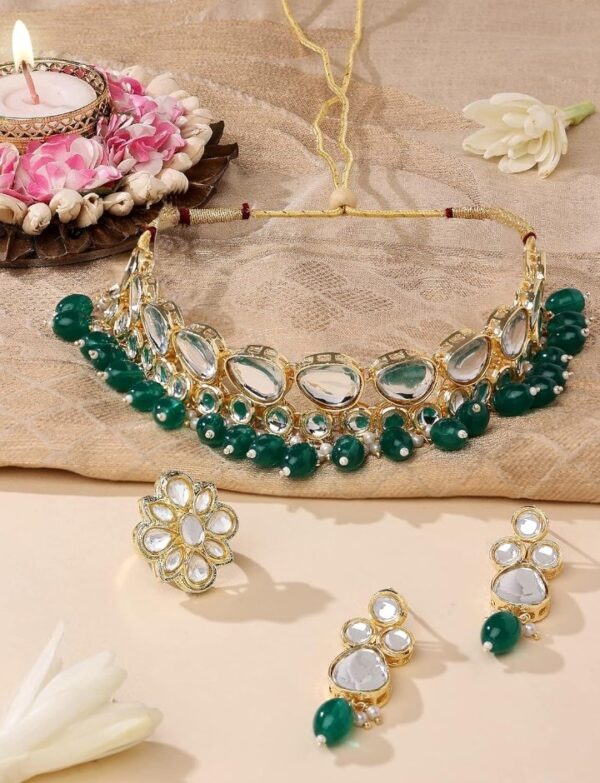 ZAVERI PEARLS Green Beads Statement Kundan Choker Necklace Earring & Ring Set For Women-ZPFK14814
(10472-10473-10474-10475-10476) SHANI - Image 6